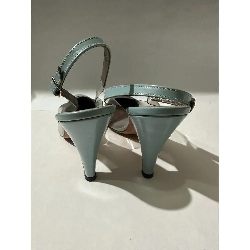 Bill Valentine Leather Turquoise Clear Sling Back Heel Sandals‎ Shoes Size 7